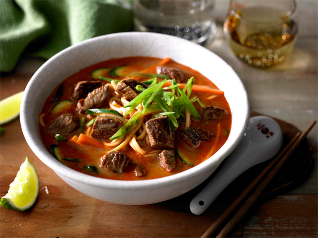 lamb and vegetable laksa with hokkien noodles